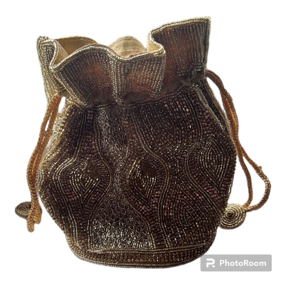 Embroidered beaded mini bucket bag